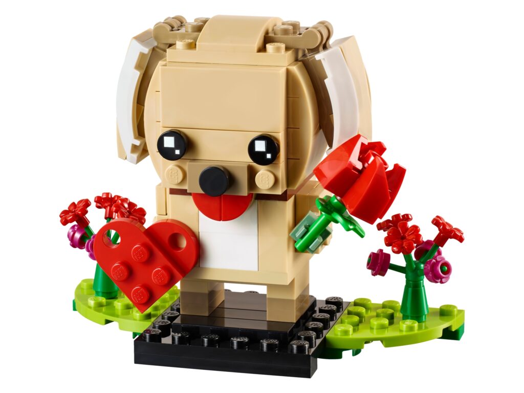 Puppy Lego Set with red flowers and red heart.