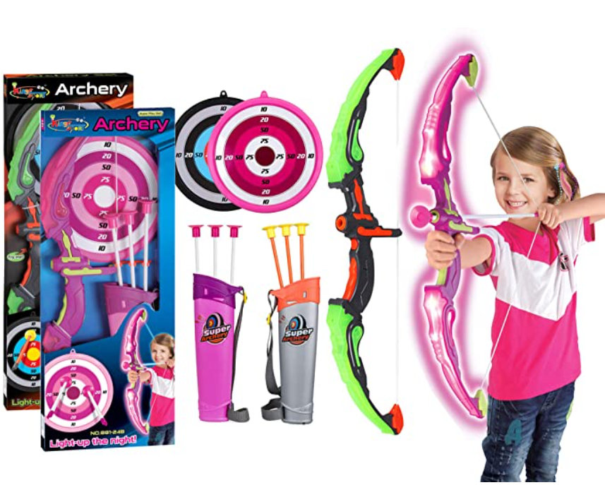 Green and Pink play archery set for kids, with a girl pulling an arrow back on a pink bow. 