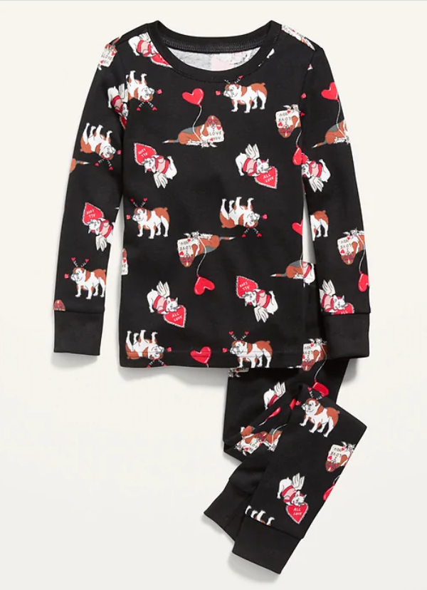 Black Unisex Pajama Set with puppies and hearts.