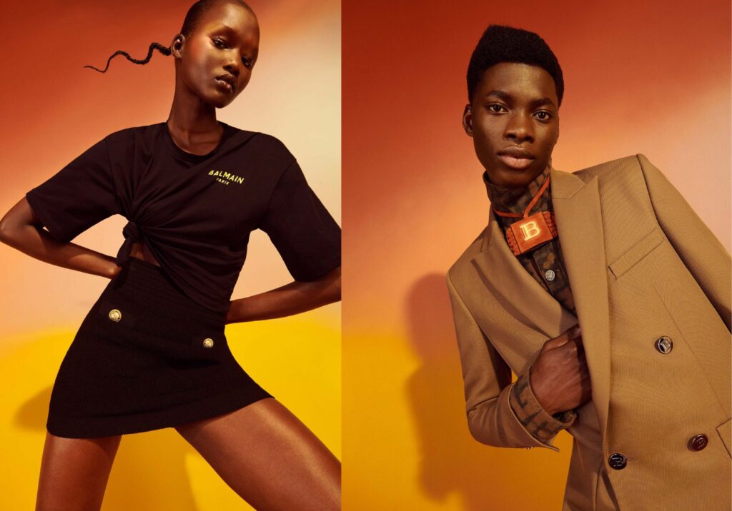 Left pictured female model in black t-shirt and skirt. Right pivtured male posing in tan jacket.