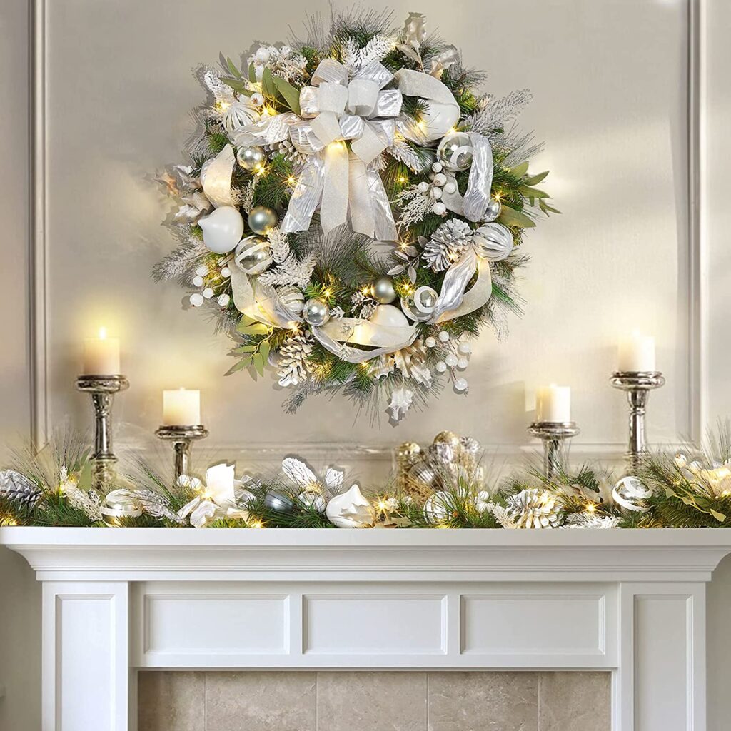 Christmas Wreath with Silver White Ball Ornaments Bows and Lights